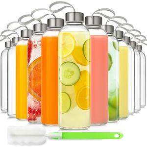 12 Pack 18oz Glass Bottles with Lids Carry Strap for Juicing, Reusable Clear Glass Water Bottle with Stainless Steel Airtight Cap for Refrigerator, 100% Leak Proof, BPA Free Drinking Jar