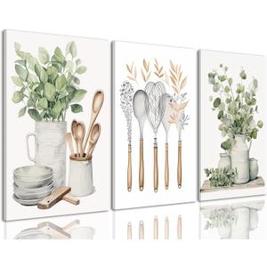 AOYUSMO 3 Piece Sage Green Eucalyptus Canvas Wall Art for Kitchen Boho Botanical Framed Wall Art Farmhouse Neutral Painting Prints for Dining Room 12"x16"