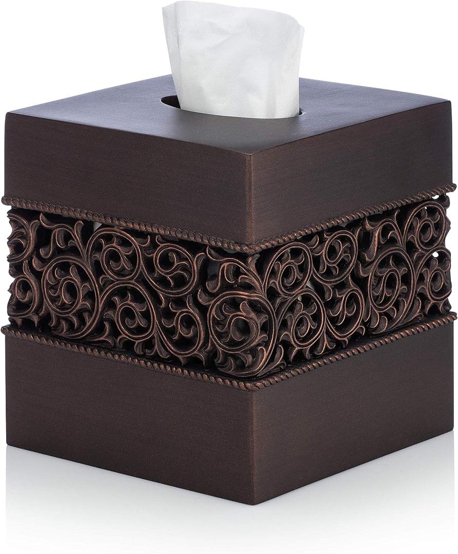 Essentra Home Bronze Finish Square Tissue Box Cover for Bathroom Vanity Counter Tops Also Great for Bedrooms and Living Rooms