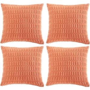 Fancy Homi 4 Packs Boho Coral Decorative Throw Pillow Covers 14x14 Inch for Living Room Couch Bed Sofa, Rustic Modern Farmhouse Home Decor, Soft Plush Corduroy Peach Cute Square Cushion Case 35x35 cm