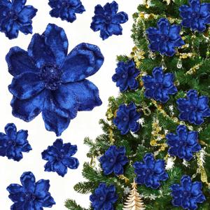 20 Pcs Christmas Glitter Poinsettia Magnolia Flowers Ornaments Large Heads Artificial Magnolia Flowers for Christmas Tree Xmas Wreath Holiday Wedding Decor(Dark Blue)