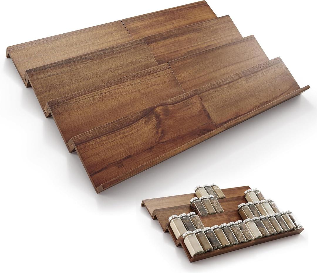 Tinamo Acacia Wooden Spice Rack Organizer for Cabinet - Spice Drawer Insert, Spice Organization for Cabinet, Seasoning Organizer, Spice Holder Pack of 8 (Walnut, Pack 8)
