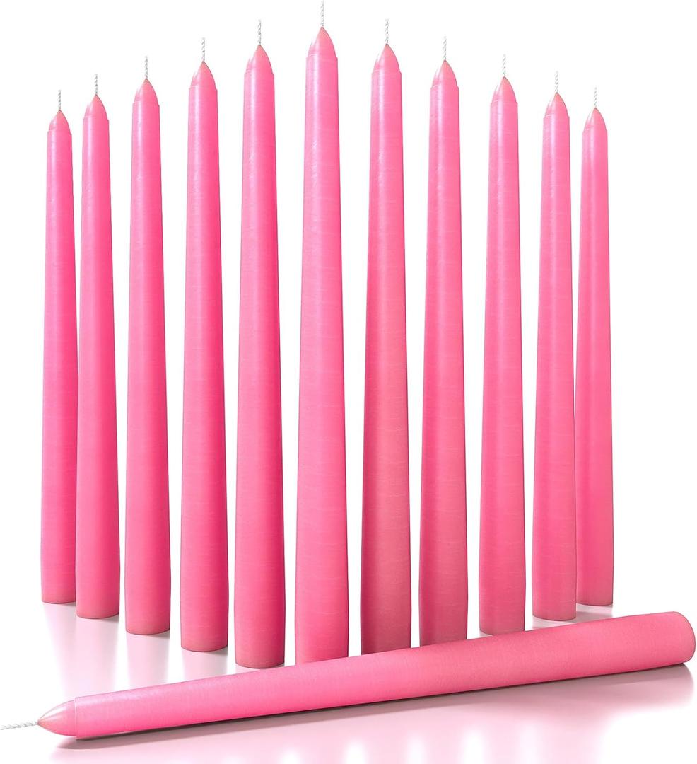 CANDWAX 12 inch Taper Candles Set of 12 - Dripless and Smokeless Candle Unscented - Slow Burning Candle Sticks - Pink Candles