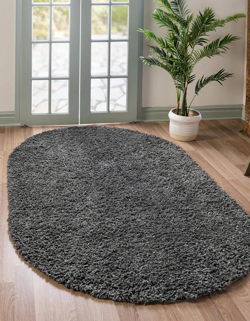 Unique Loom Davos Shag Collection Area Rug - Solid (5' 3" x 8' Oval, Peppercorn)