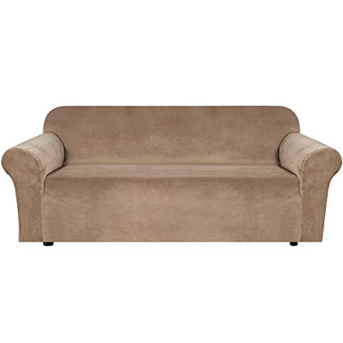 H.VERSAILTEX Stretch Velvet Sofa Covers Large Couch Covers Sofa Slipcovers Furniture Protector Soft with Non Slip Elastic Bottom, Feature Thick Comfy Rich Velour (Extra Wide Sofa 89"-105", Camel)