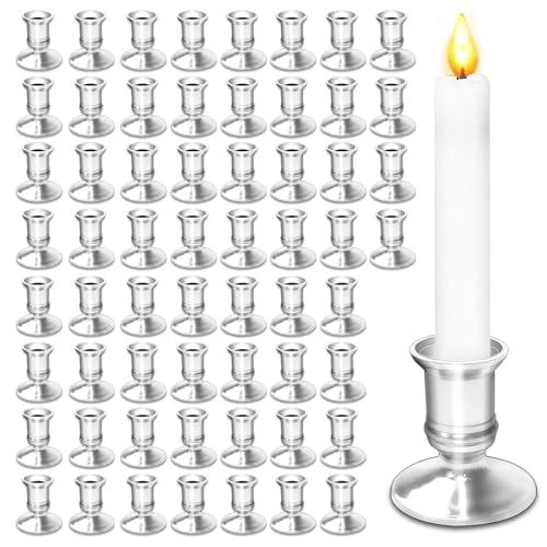 60 Pcs Window Candle Taper Candle Holders Plastic Taper Candle Holders Traditional Candlesticks Black Candle Base Holder for Halloween Christmas Wedding Table Centerpiece Home Party Decor (Silver)
