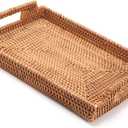 Rattan Serving Tray, Hand Woven Tray with Handles, Rectangular Wicker Basket Tray for Coffee Table Home Decor (14.5 x 10.2 x 1.4 inch)