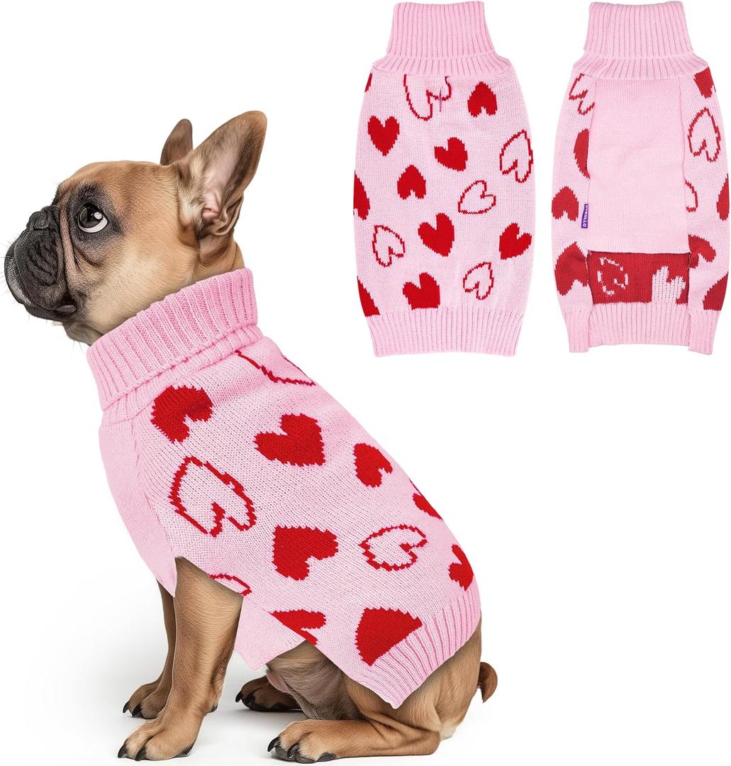 Cyeollo Valentines Dog Sweater, Warm Turtleneck Dog Valentines Outfit, Soft Stretchy Knit Pullover Dog Sweaters for Small Dogs Girl, Heart Pattern Holiday Doggie Pet Clothes with Leash Hole, Pink M