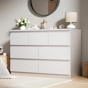 Jocoevol Modern White 7 Drawer Dresser for Bedroom, Simply Chest of Drawers, Wood Storage Dresser with Deep Drawers for Living Room Hallway Entryway, White, 15.3"D x 47.2"W x 32.3"H