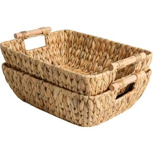 StorageWorks Hand-Woven Jumbo Storage Baskets with Wooden Handles, Water Hyacinth Wicker Baskets for Organizing, 2 Pack (Large)