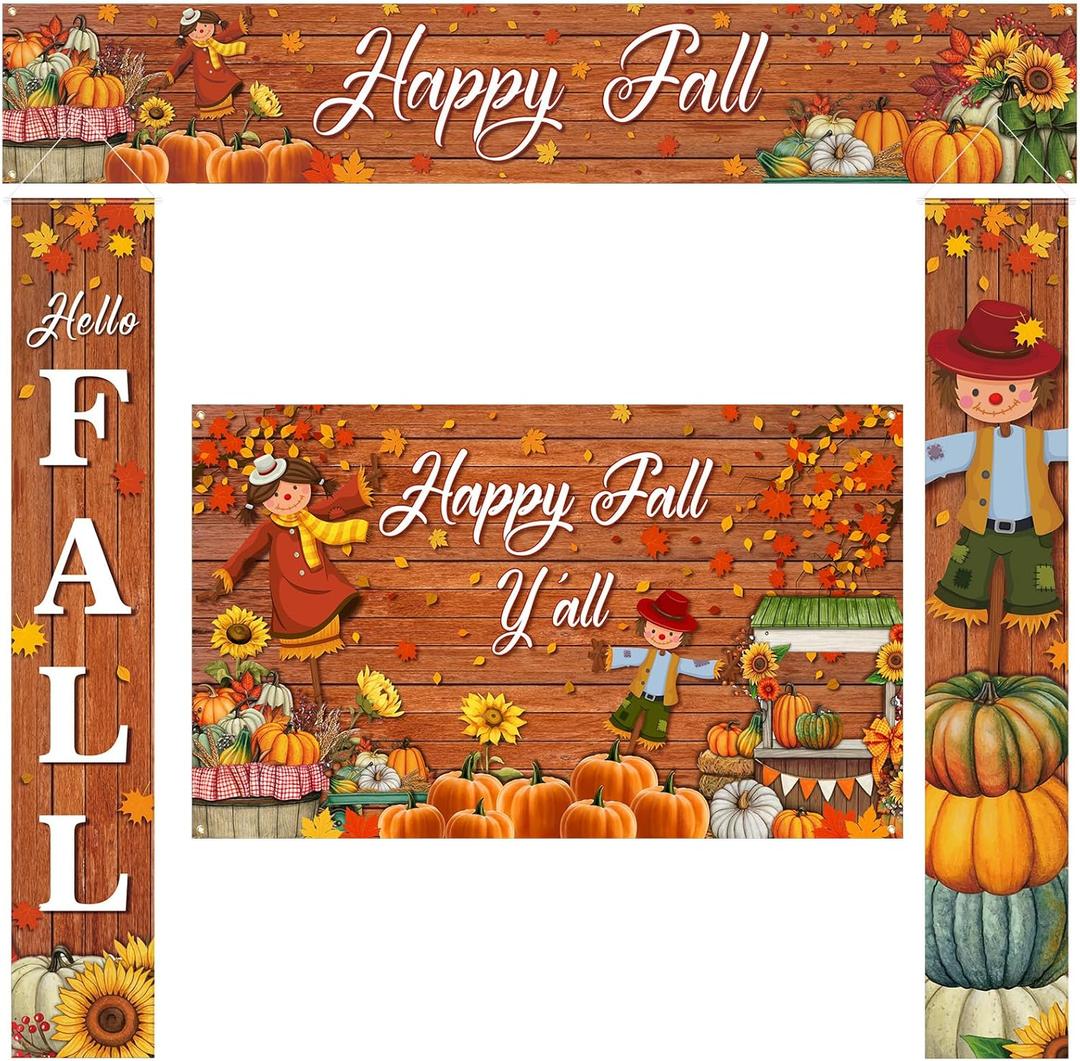 Ctosree 4 Pcs Thanksgiving Porch Banner Sign Happy Fall Y'all Banner Backdrop for Autumn Decoration Home Outdoor Garden Fence Yard Lawn Porch Decor