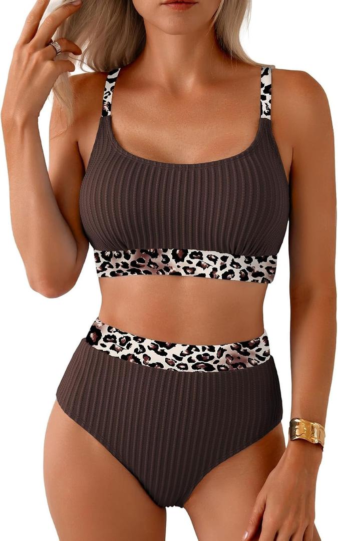 Herseas Women's Textured Bikini Sets Floral Print Trim Scoop Neck Swimsuits High Waisted Bathing Suits (M)