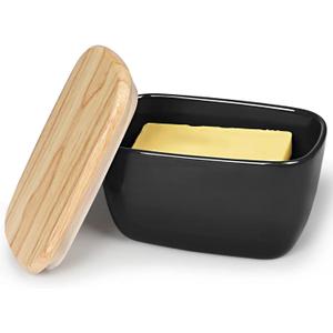 HAOTOP Porcelain Butter Dish Perfect for 4 Sticks of Butter,Butter Container Large Ceramics Butter Holder with Lid (Black)