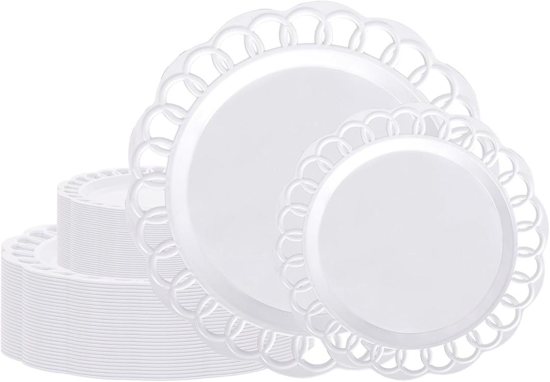 COLOSUS 60pcs White Plastic Plates Set, Fany White Baroque Plates for 30 guest, Elegant Lace Rim Design Disposable Plate include 30 Dinner plates and 30 Dessert plates for Party, Halloween, New Year