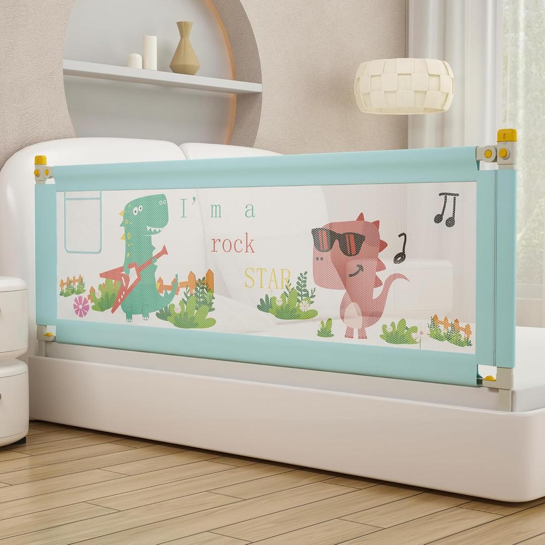 Bed Rail for Toddlers Twin, Full, Queen, King & Cal kingMattress Size | Swing Down Rail Guard | Mattress Side Rail for Kids (Blue Dinosaur, (1 Side) 36 Inch)