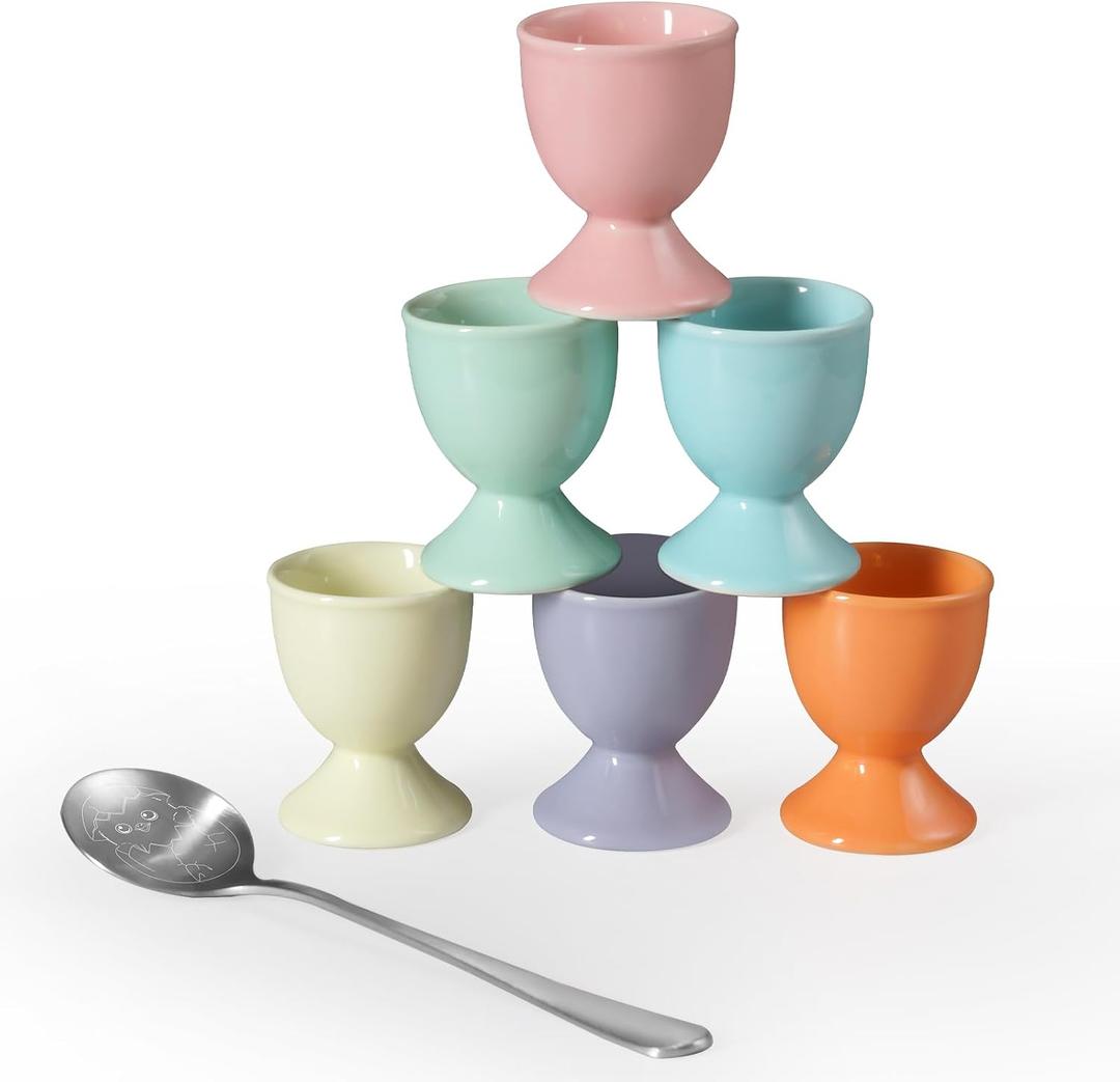 Cinf Easter Gift Macaroon 6Pack Ceramic Egg Cups With 1 Cute 304 Stainless Steel Spoon for Hard and Soft Boiled Eggs Breakfast Accessory Decoration Gift