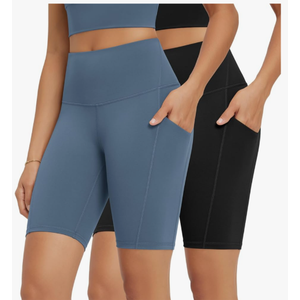 ODODOS 2-Pack High Waist Workout Shorts with Pockets for Women 6"/8" Inseam Tummy Control Gym Athletic Biker Shorts, Size XS