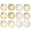 Lanpn 12 Pcs 4" Large Christmas Balls Ornaments, Outdoor Xmas Tree Hanging Decorations, Shatterproof Christmas Ball Ornament Set for Home Winter Holiday, Assorted Relief Pattern, White & Gold