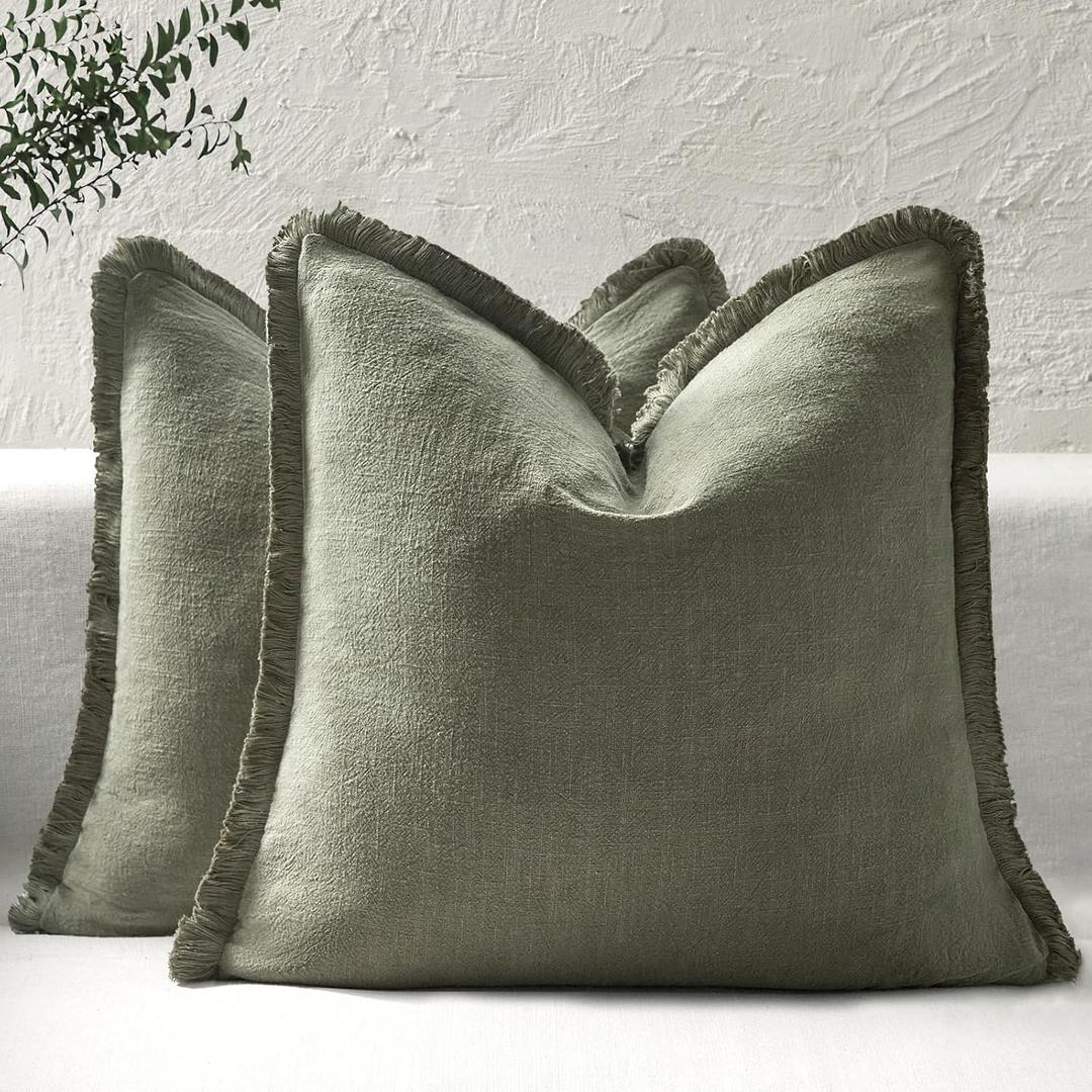 Boho Decorative Throw Pillow Covers with Fringe for Couch, Living Room, Bed Set of 2, 18x18 Inches, Olive Green