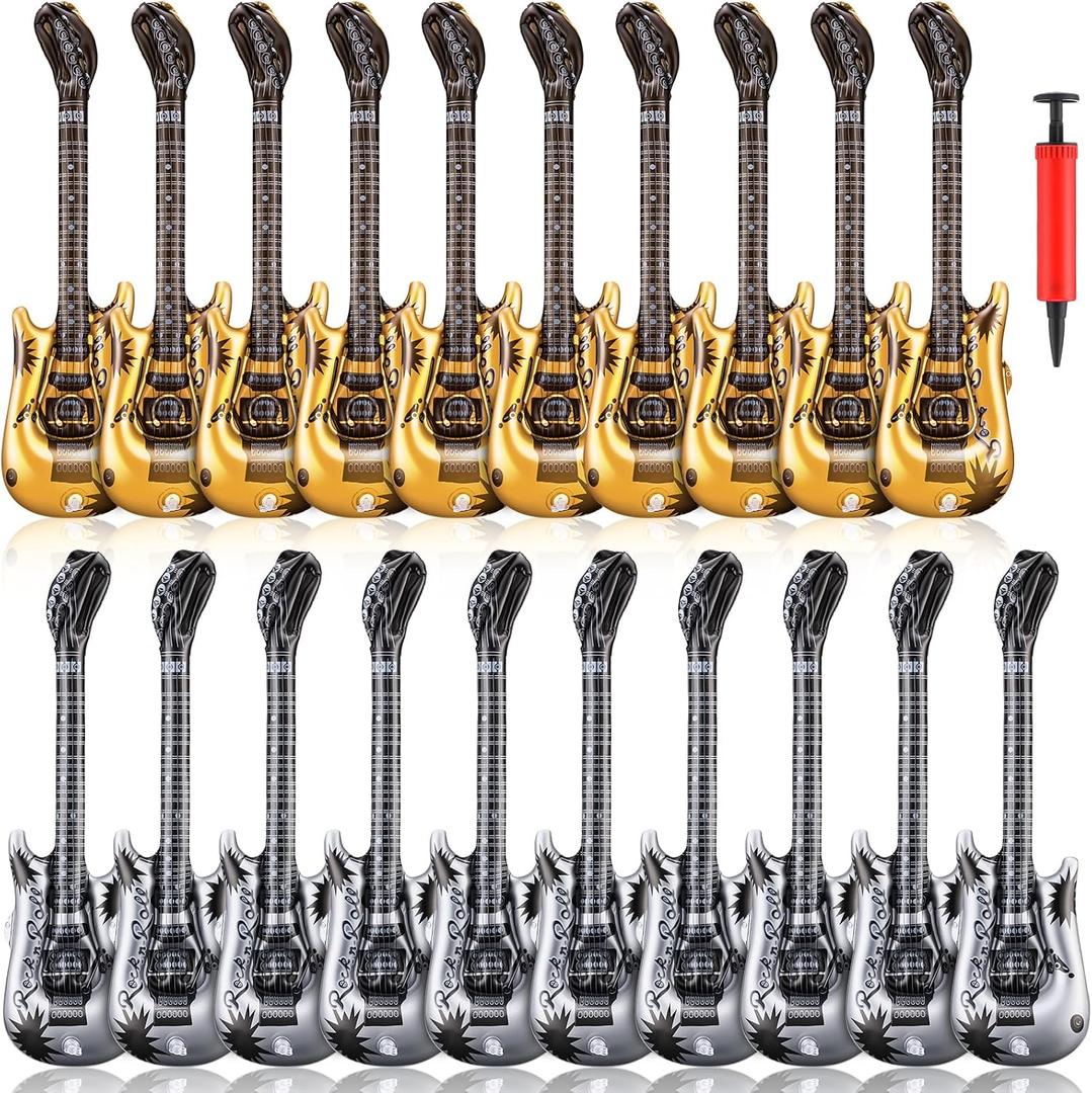 20 Pcs Inflatable Guitars 21 Inch Small Blow up Guitar with Inflator Gold and Silver Rock Instrument for Kids Birthday Rock and Roll Party Decorations Photo Booth Props,  Gold and Silver, 21 Inch, 20