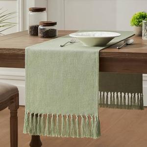 ZeeMart Linen Blend Table Runner, Sage Green 13x60 Inch, Farmhouse Burlap Linen Style Rustic Sage Green Table Runners 60 Inches Long