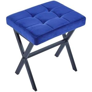 ATSNOW Royal Blue Velvet Makeup Vanity Stool with Metal Legs, 18 inch High Ottoman Footrest for Living Room Bedroom Entryway