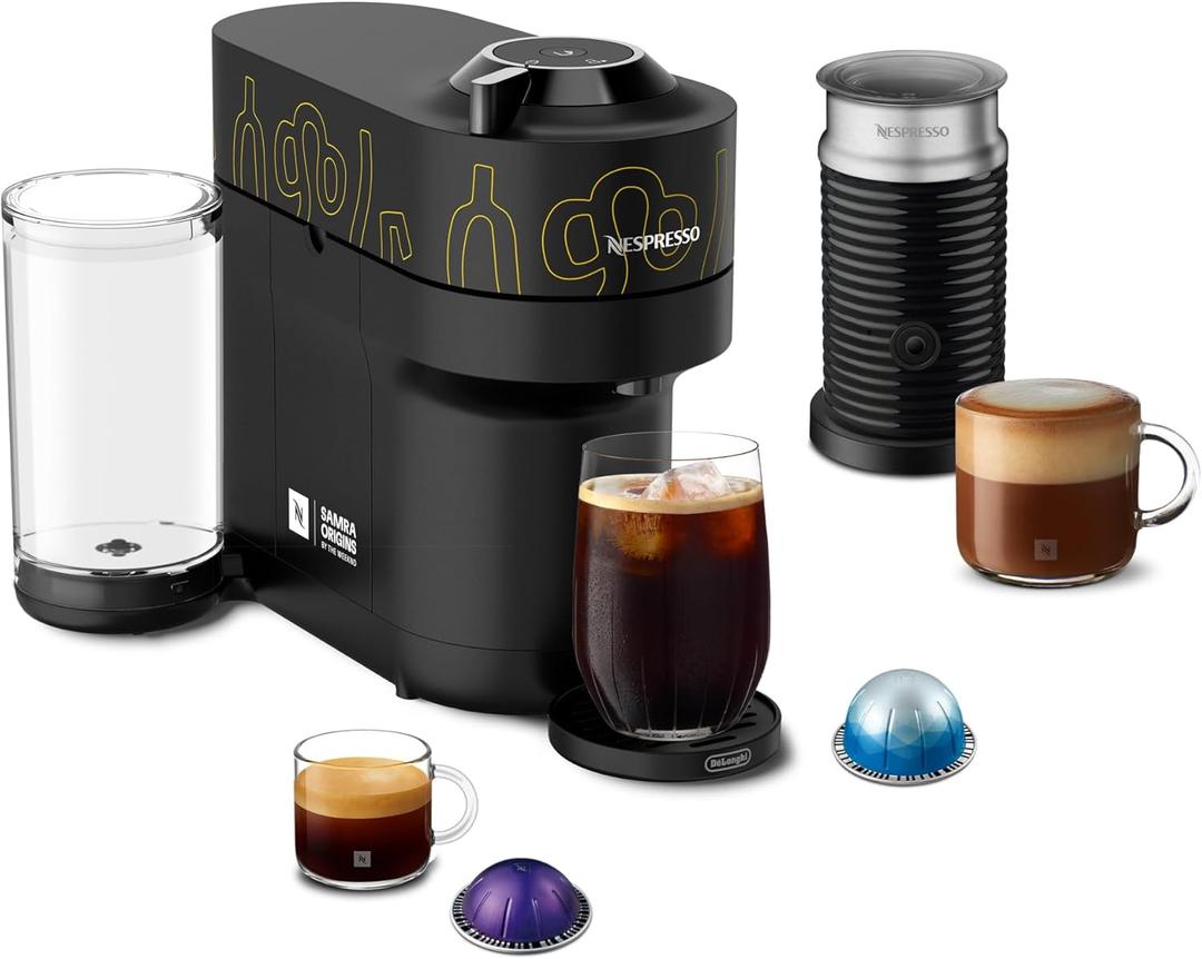 Nespresso Vertuo Pop+ Coffee and Espresso Maker by De'Longhi, Samra Origins by The Weeknd Vertuo Buna Yellow Aeroccino3 milk frother