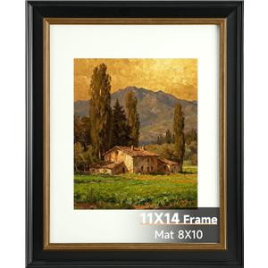 11x14 Black Picture Frame, 11 x 14 Vintage Photo Frame with Real Glass, Antique Style Picture Frames for Wall & Tabletop, Display Poster 8x10 with Mat or 11x14 without Mat, Black with Gold Trim