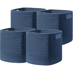 UBBCARE Set of 4 Cotton Rope Basket 12 X 12 X 12 Inches, Woven Storage Baskets for Shelves, Organizing with Handles, Cube Storage Bins for Storage Books, Magazines, Navy Blue