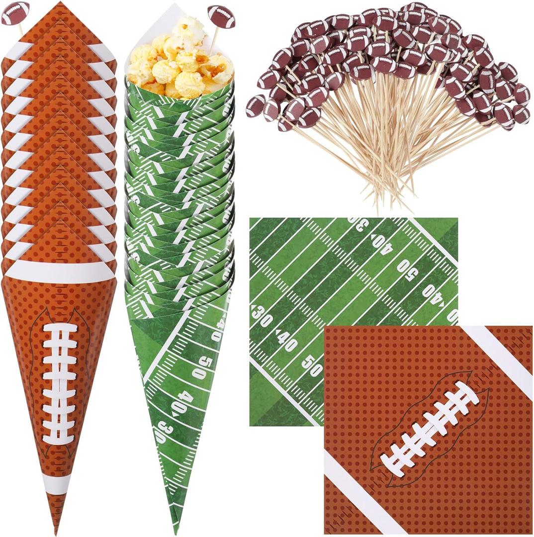 Jingmore 160 Pcs Football Party Supplies Kit Football Popcorn Cones Cups with Cocktail Picks for Charcuterie Food Appetizers Snacks, Food Boxes for Party Favors Decorations