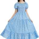 EXARUS Girls Maxi Long Smocked Dress Swiss Dot/Floral Teen Summer Dresses A-line Beach Casual Vacation Sundress 6Y