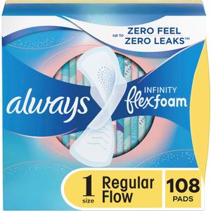 Always Infinity Feminine Pads for Women, Size 1 Regular, with Wings, unscented, 108ct