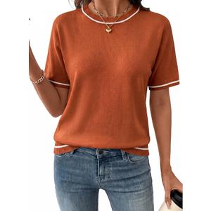 SHEWIN Womens Tops Trendy Short Sleeve Shirts Crewneck Lightweight Knit Sweater Top Business Casual Outfits (M)