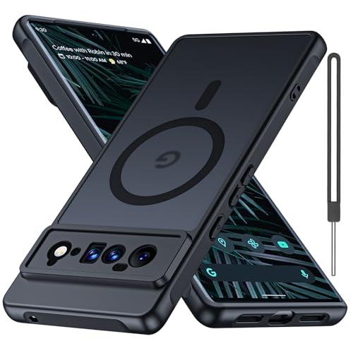 Bimanpap Matte Case for Google Pixel 7 Pro 5G, Compatible with Magsafe,[Wrist Strap] Magnetic Shockproof Military Drop Protection Translucent Back Slim Bumper Phone Cover(Black)