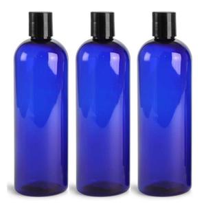 MountainLeaf 3 Pack 16 oz Plastic Empty Bottles with Black Press Disc Caps for Shampoo, Lotion, Hand Sanitizer, Dish Soap Etc., Refillable, BPA Free, Made in U.S.A (Blue bottle)
