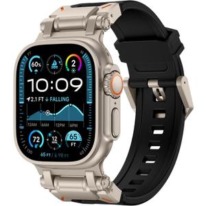 FULLIFE Designed for Apple Watch Band Apple Watch Ultra 3/2/1 49mm for Men, Silicone Rubber Bands with Metal Connector for Apple Watch Series 11/10 46mm, 9/8/7 45mm, SE2/SE 6/5/4 44mm, 3/2/1 42mm (Titanium Adapter-Black)