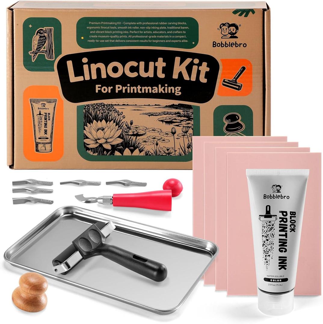 Linocut Kit for Printmaking - Arts and Crafts for Adults - Christmas DIY Kit Gifts - Hobby Kits Birthday Gift for Adults, Women, Men, Boys, Girls - Stamp Making Kit - Linoleum Blocks Carving Tools (black)