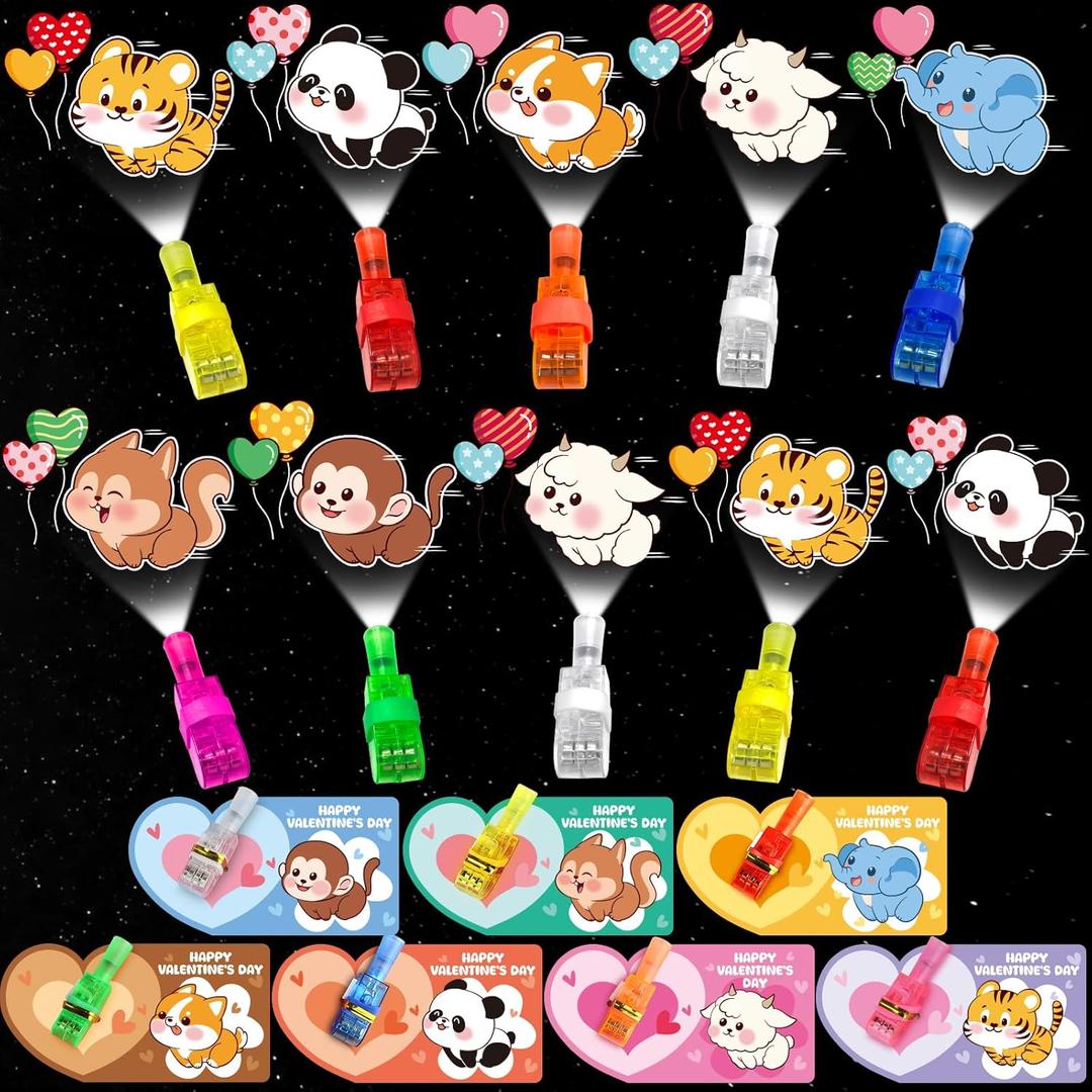 Valentines Day Gifts for Kids Classroom, 28 Pack Light Up Finger Lights Glow in The Dark Toys with Valentine's Themed Cards, Class Exchange Gifts Set, School Prizes Party Favor