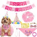 FunMular Dog Birthday Party Supplies Pink Dog Birthday Hat with Numbers Bandana Bow Tie Banner and Tutu Skirt for Small Medium Dogs Pets