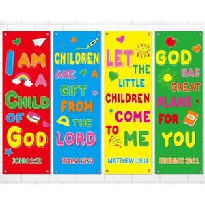 4Pcs Church Banners for Sanctuary Wall Religious Banners with Scripture Bible Christian Backdrop for Classroom Inspirational Religious Praise Hanging Signs for Church Sunday School Decoration