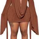 SHINFY Women Sexy Backless Mini Dress Draped Mesh Cowl Neck Long Sleeve Swing Going Out Birthday Dresses (Brown, Small)