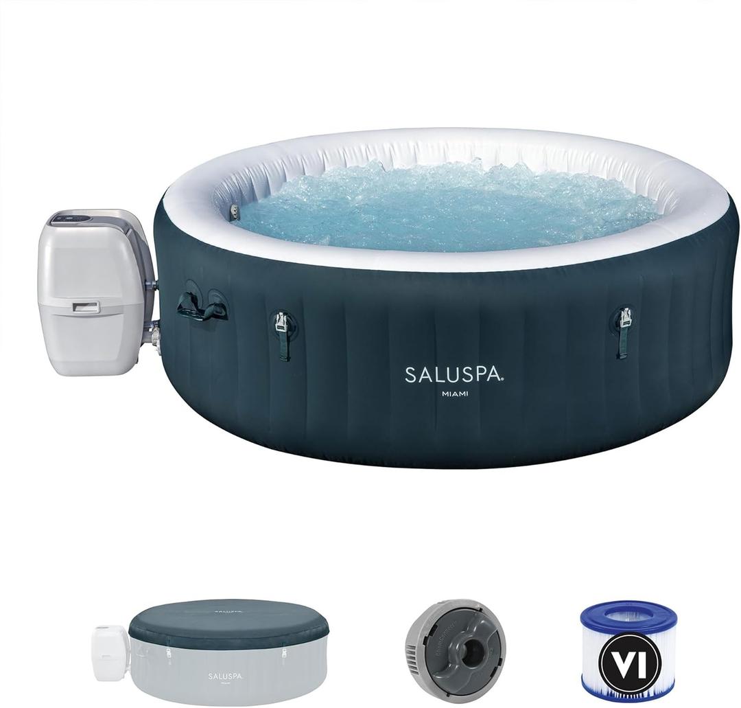 Bestway SaluSpa Miami AirJet 4-6 Person Inflatable Hot Tub Round Portable Outdoor Spa with 140 AirJets and EnergySense Energy Saving Cover, Dark Green (Deep Blue)