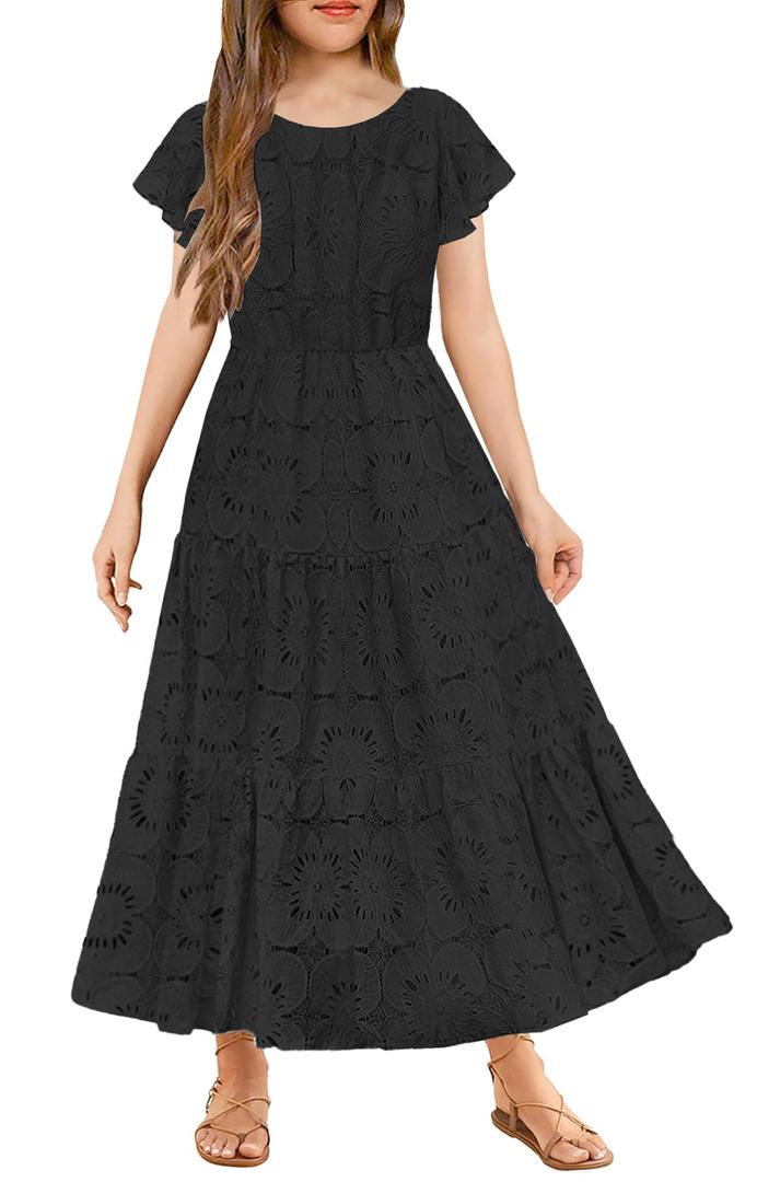 HOSIKA Girls Summer Maxi Dress Lace A-Line Party Holiday Formal Dresses with Pockets for 8-9Years Black (M)
