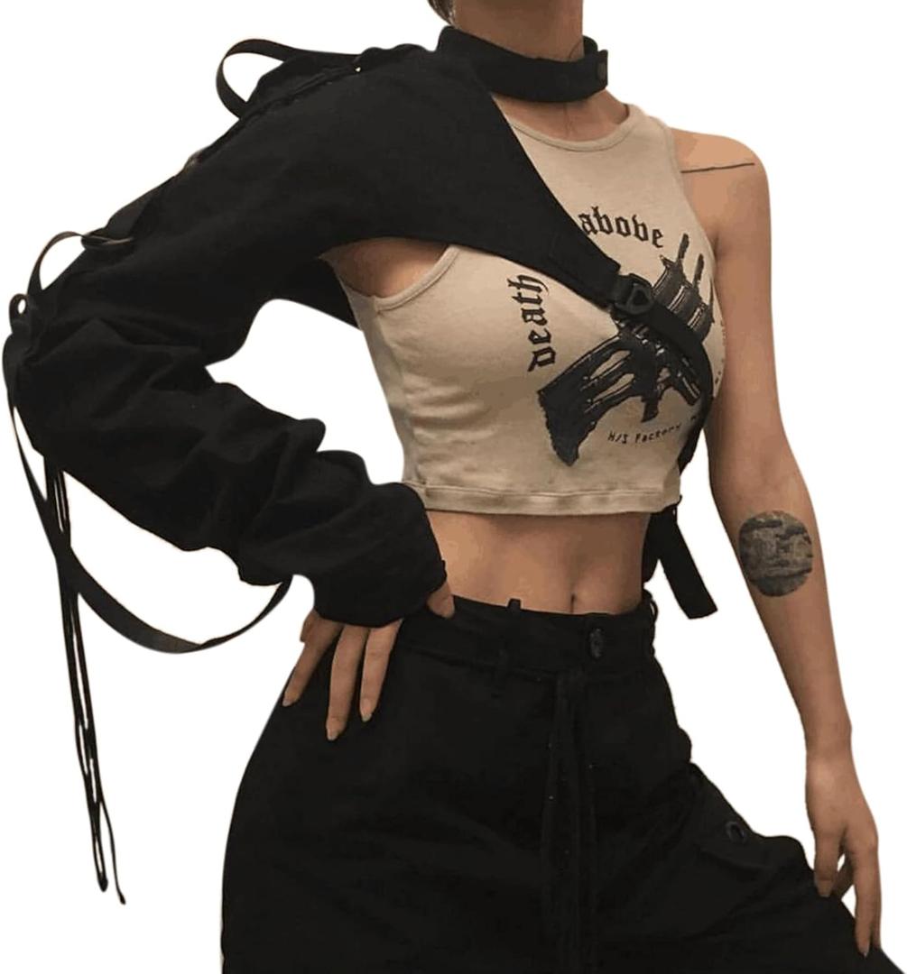 Women Sexy Reflective One Shoulder Buckle Top Long Sleeve Irregular Shirt for Rave Festival Party