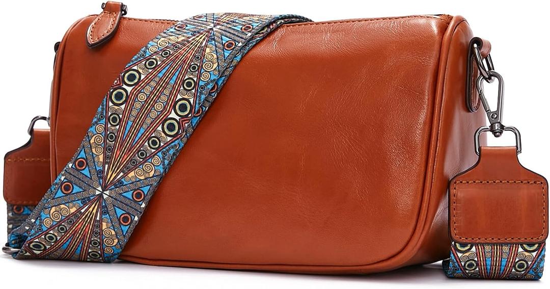 Leather Crossbody Bags for Women Purses: Small Genuine Cross Body Handbags with Wide Shoulder Strap to Travel (Brown)
