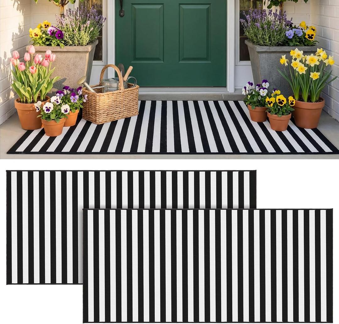 Drydiet 2 Pcs Black and White Striped Rug 2 x 4.3 ft Outdoor Front Door Rug Spring Decor Cotton Washable Doormat Modern and Simple Farmhouse Layering Mats for Front Porch Home Entryway Decor