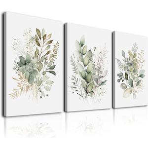 Framed Bathroom Wall Art Set of 3 for Rustic Botanical Prints,Watercolor Botanical Wall Art,Sage Green Painting Eucalyptus Leaf Art Pictures,Modern Boho Floral Wall Decor for Room Living Room Bedroom Decorations,12x16inch