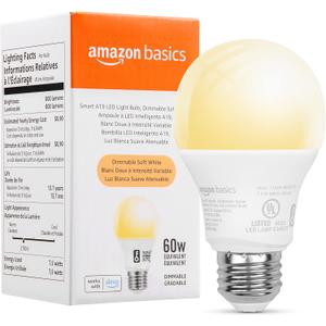 Amazon Basics Smart A19 LED Light Bulb, Dimmable Soft White (2700K), 7.5W (60W Equivalent), 800LM, Works with Alexa Only, 2.4 GHz Wi-Fi, No Hub Required, 1 Pack