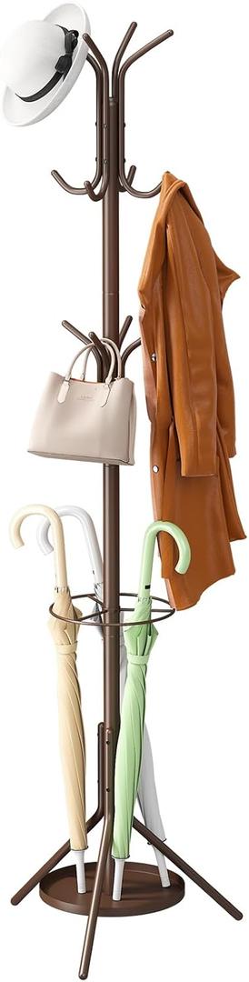 Coat Rack Freestanding,Entryway Hanger Stand,Umbrella Holder,Hall Tree With 12 Hooks, Floor Standing Metal Tree Stand,brown