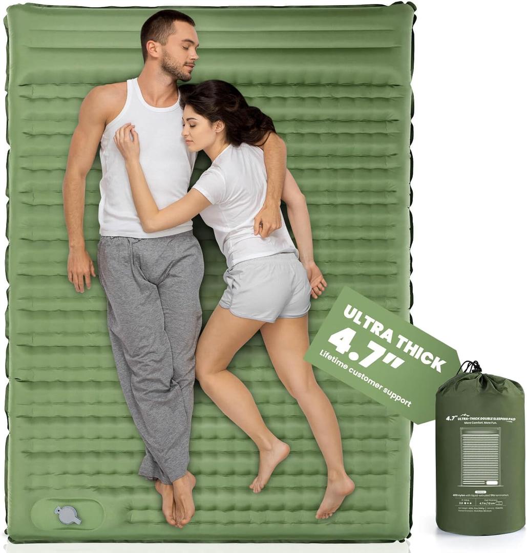 Double Sleeping Pad, 4.7 Ultra-Thick Camping Mattress 2 Person for Backpacking, Hiking (Green, Full)